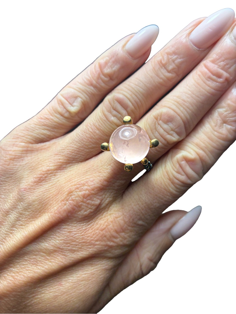 Handcrafted Greek Artisan Rose Quartz Cocktail Ring – 14K Gold